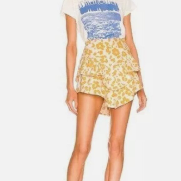 Mother The Ruffle Ruffle Dyed Denim Denim Skirt Yellow Floral Leopard - Picture 2 of 6